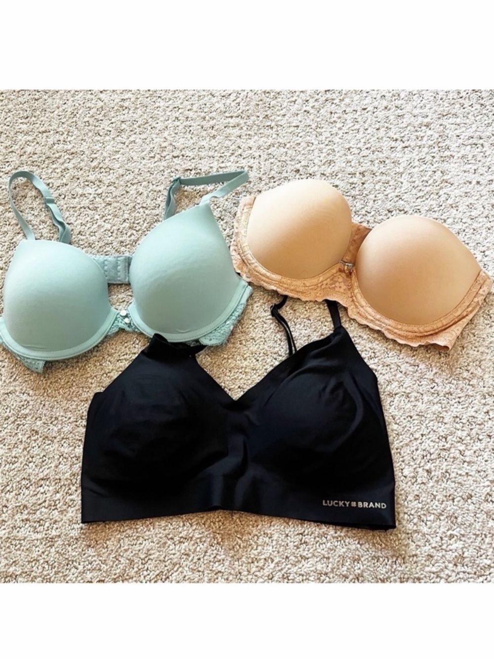 Aerie Bra 32B T-Shirt Bra Everyday Lace Trim Tan Black Green Push Up Lot 3x
